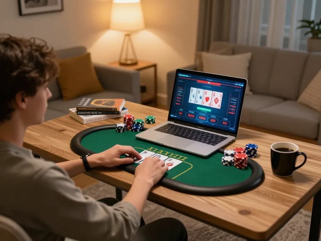 Engaged user playing octaslot on laptop in a cozy home office, showcasing strategic online gaming.