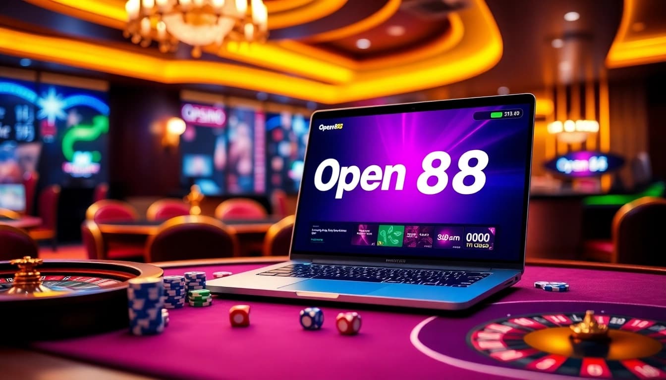 A gambler engages with the Open88 online platform, showcasing casino elements like poker chips, dice, and a roulette wheel.