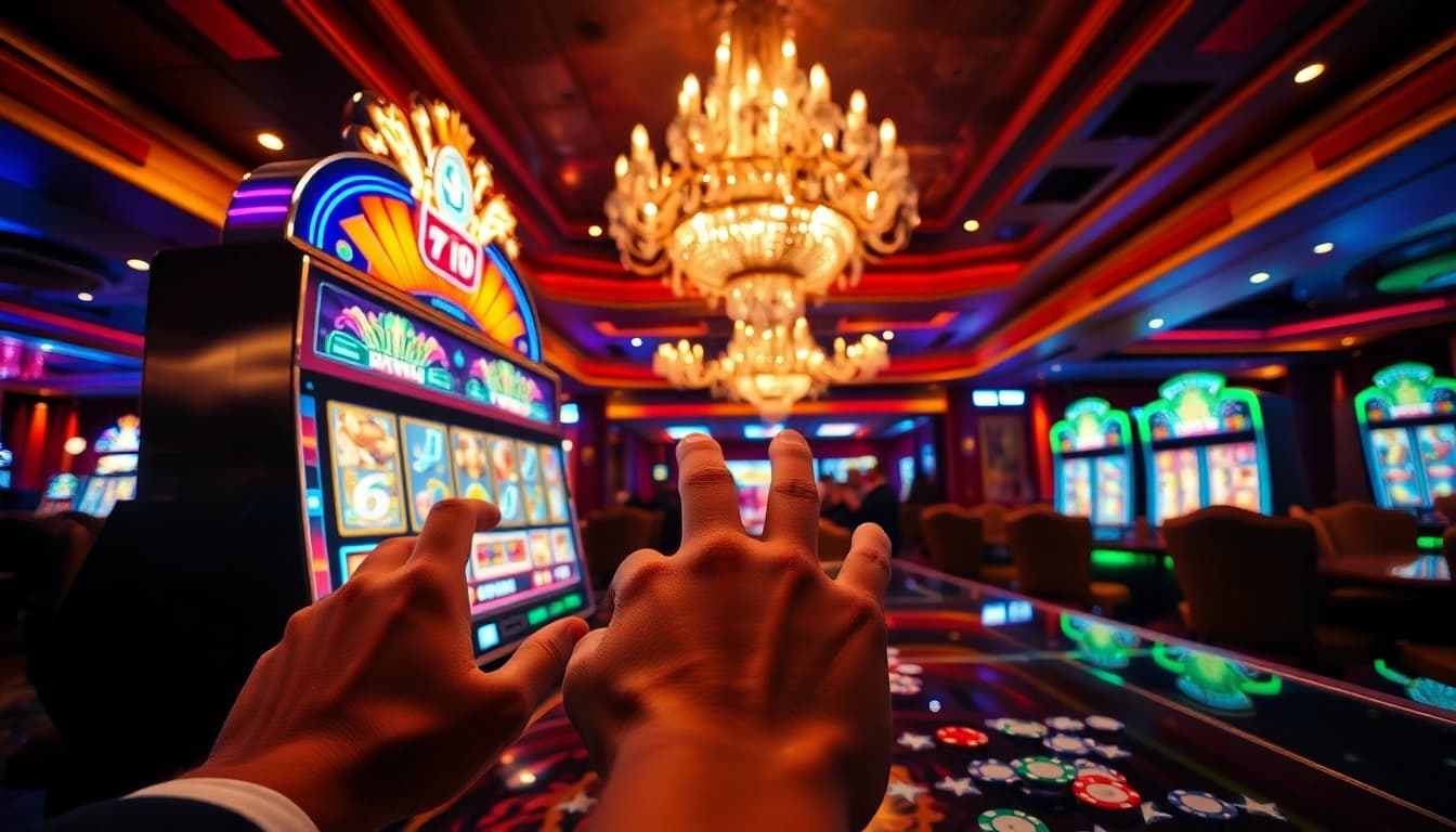 Memenangkan permainan slot yang cerah di setting kasino mewah yang penuh dengan kegembiraan dan antisipasi.