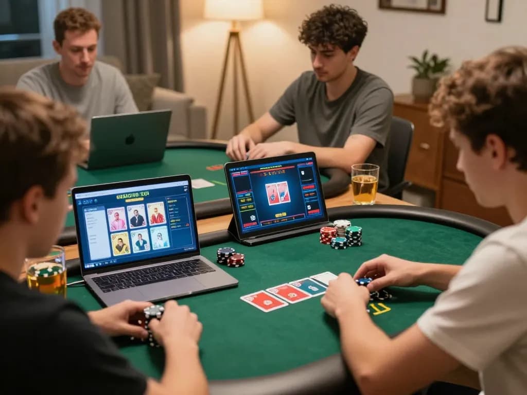 Engaging players enjoying an online poker game with 68win in a cozy setting, highlighting strategy and excitement.