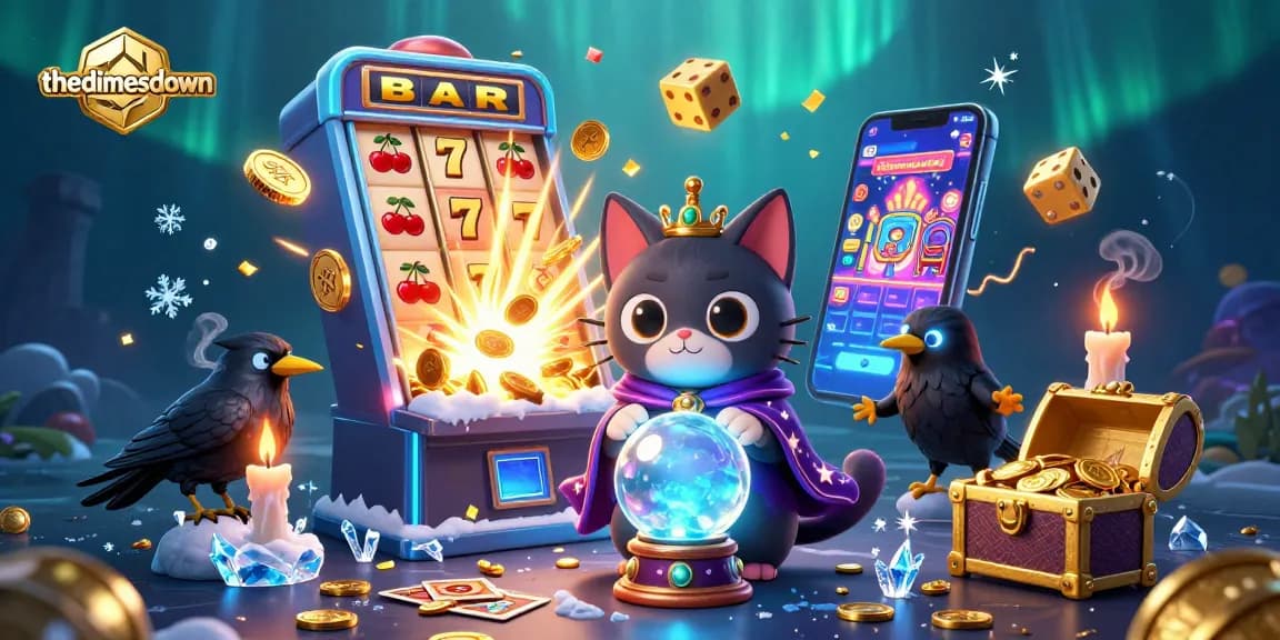 Experience thrill and fortune at threedimesdown with a vibrant 3D casino scene featuring fortune teller cat and jackpot explosions.