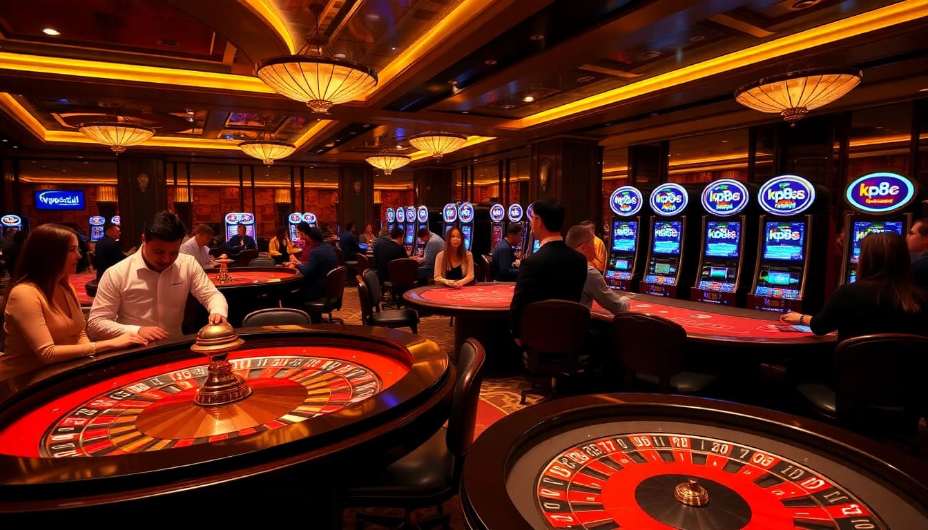 Players enjoying the high-stakes games at kp88.social casino with professional dealers and elegant tables.