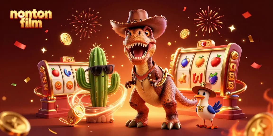Engage in nonton film with vibrant 3D scenes featuring a T-Rex dinosaur, rich gambling elements, and dynamic action.