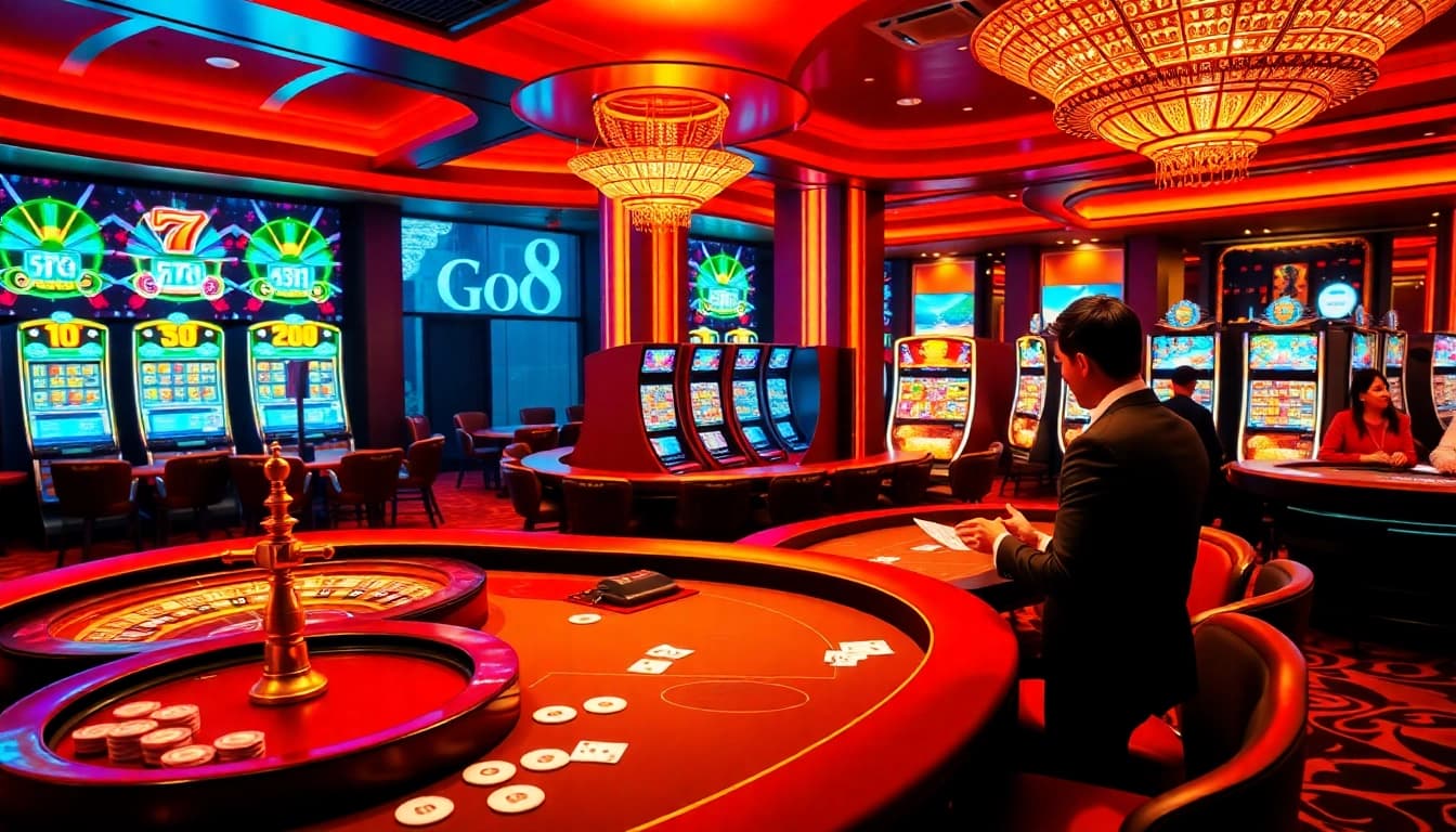 Players enjoying the gambling experience at Go8 with vibrant slot machines and a roulette wheel.