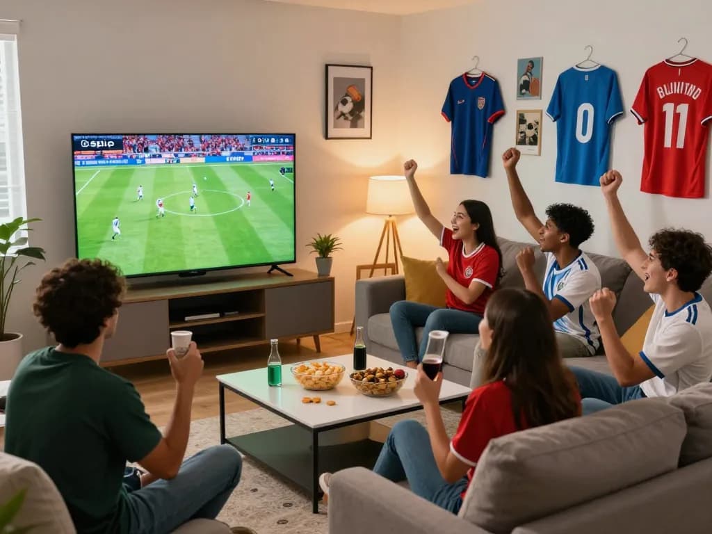 Friends watching live football on Cakhia TV in a vibrant living room