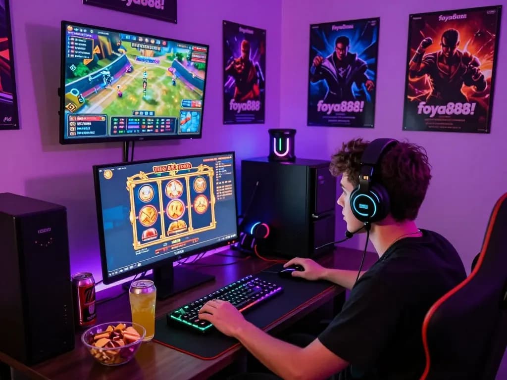Intense online gaming experience with player focused on foya888 slots in vibrant room.