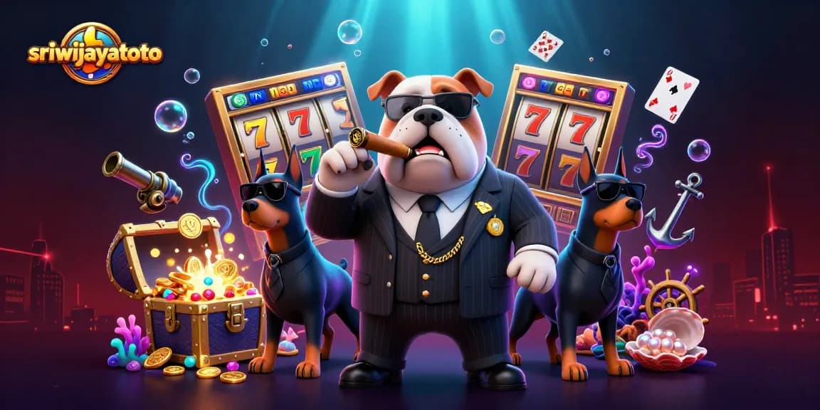 Sriwijayatoto casino illustration featuring a mafia bulldog with animated slot symbols and bioluminescent effects