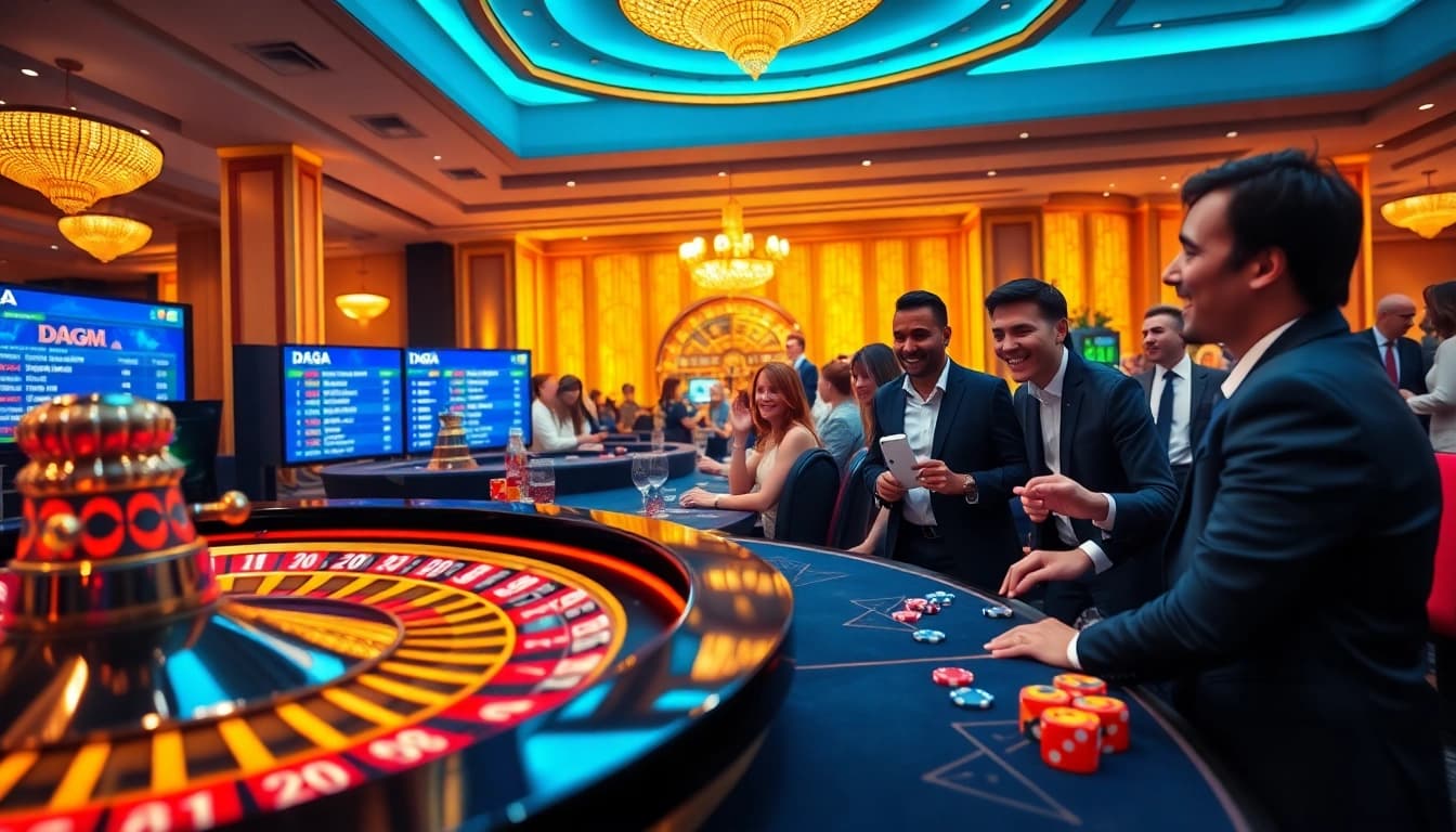 Daga online players enjoying a vibrant casino atmosphere with roulette and colorful gaming tables.