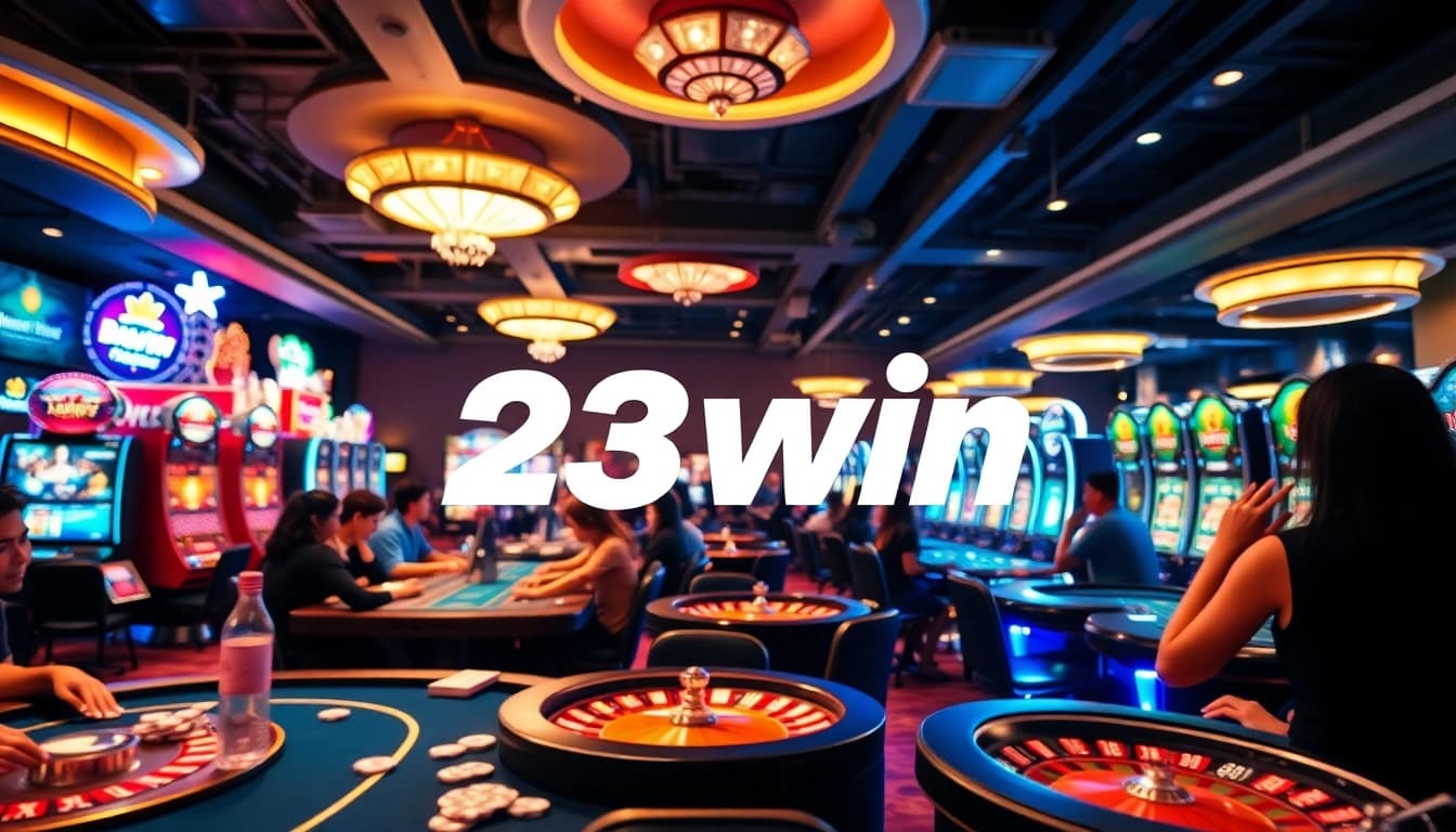 23win online casino vibrant gaming atmosphere with players engaged at tables and colorful slot machines