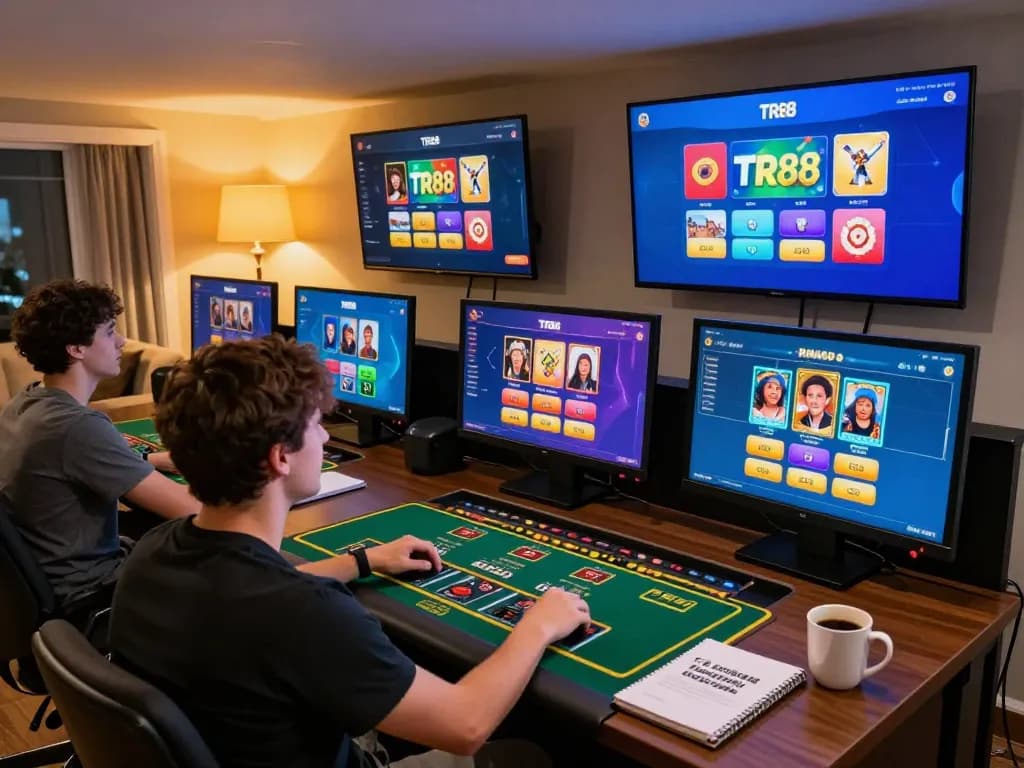Player engaged with TR88 online casino app, highlighting immersive gaming experience at home.