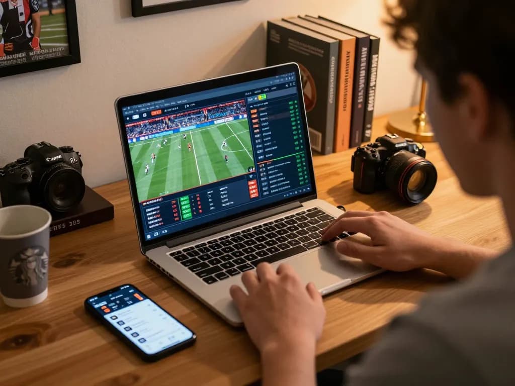 Soi kèo analysis on laptop while betting on live sports in a cozy home office setting.