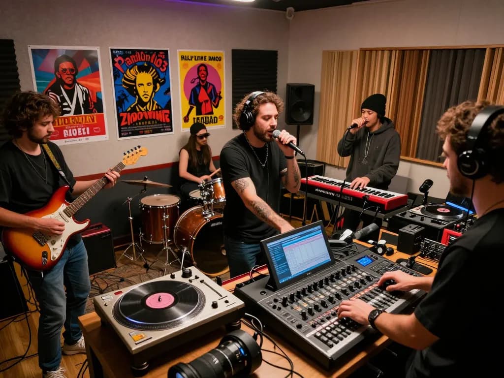 Suasana produksi musik kolaboratif yang menampilkan artis hotplay103 di studio yang penuh warna.