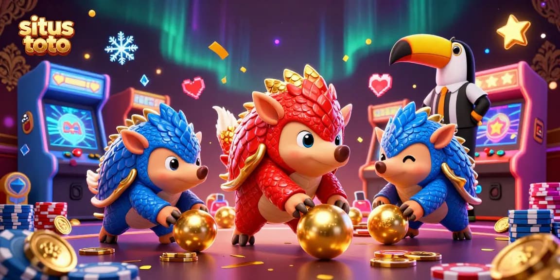 Experience thrilling gameplay at situs toto with rival pangolins bowling through poker chips in this vibrant illustration.