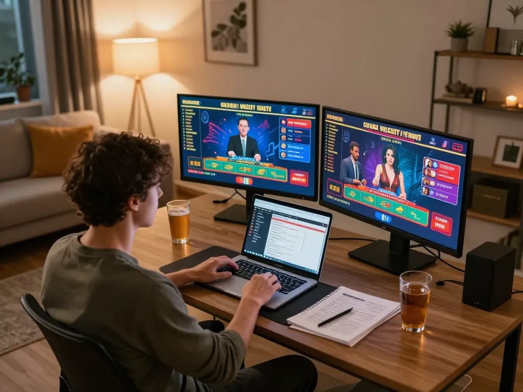 Player enjoying online betting on the dr88 platform with multiple screens displaying exciting casino games.