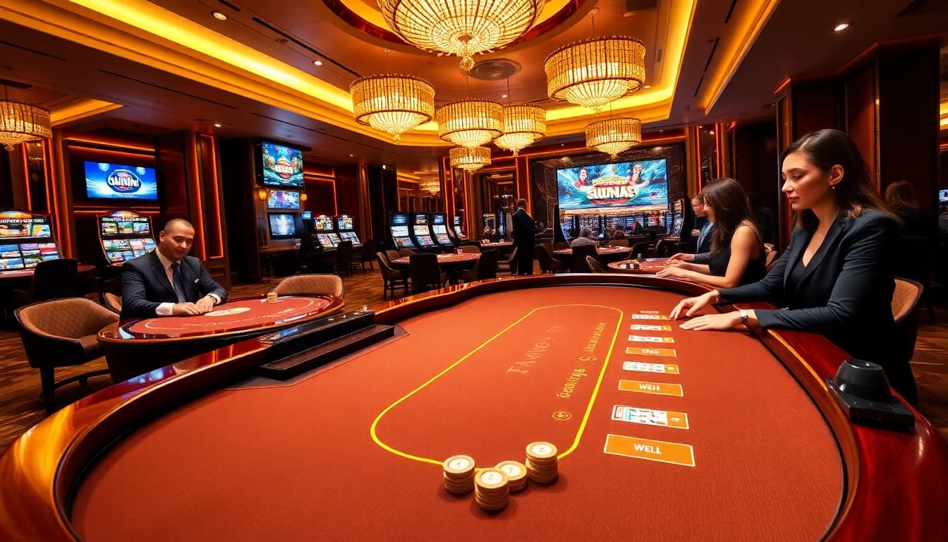 Experience the thrill of sunwin as players engage at a stylish blackjack table in a luxurious casino setting.