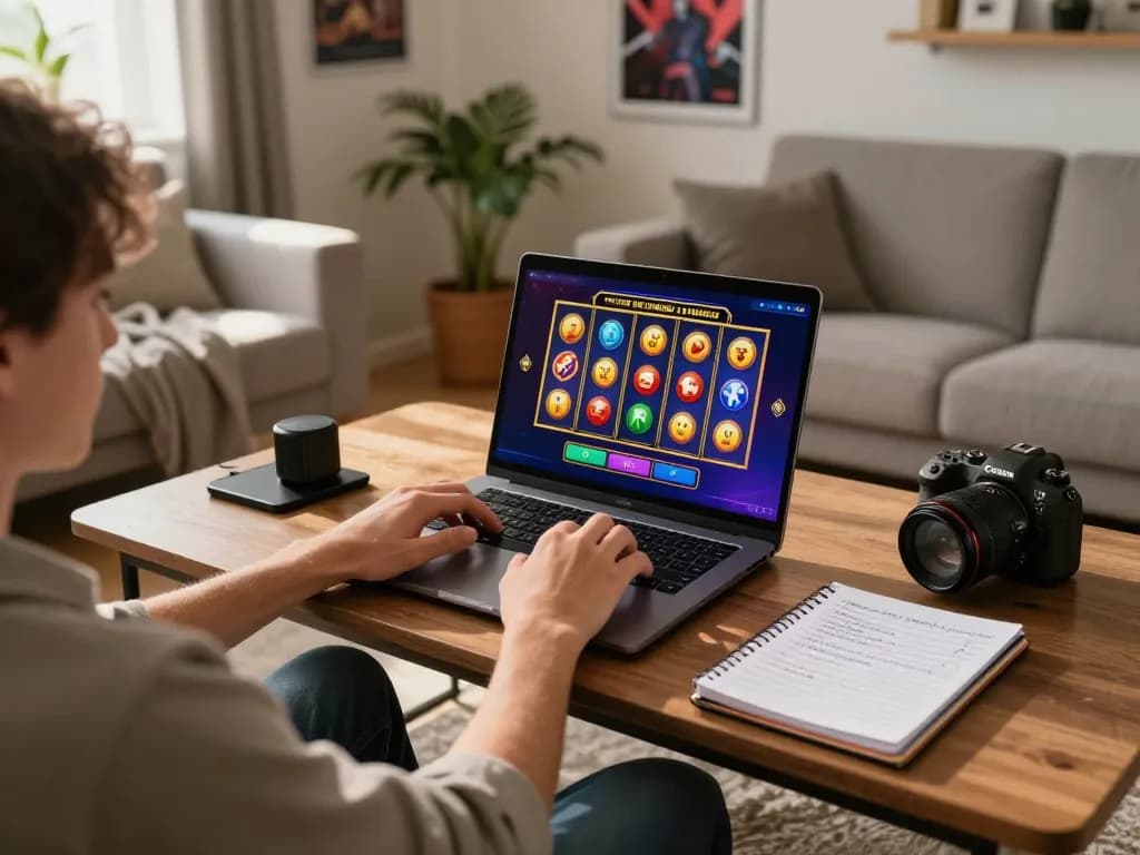Engaging experience of playing slot online in a cozy home setup with vibrant graphics.