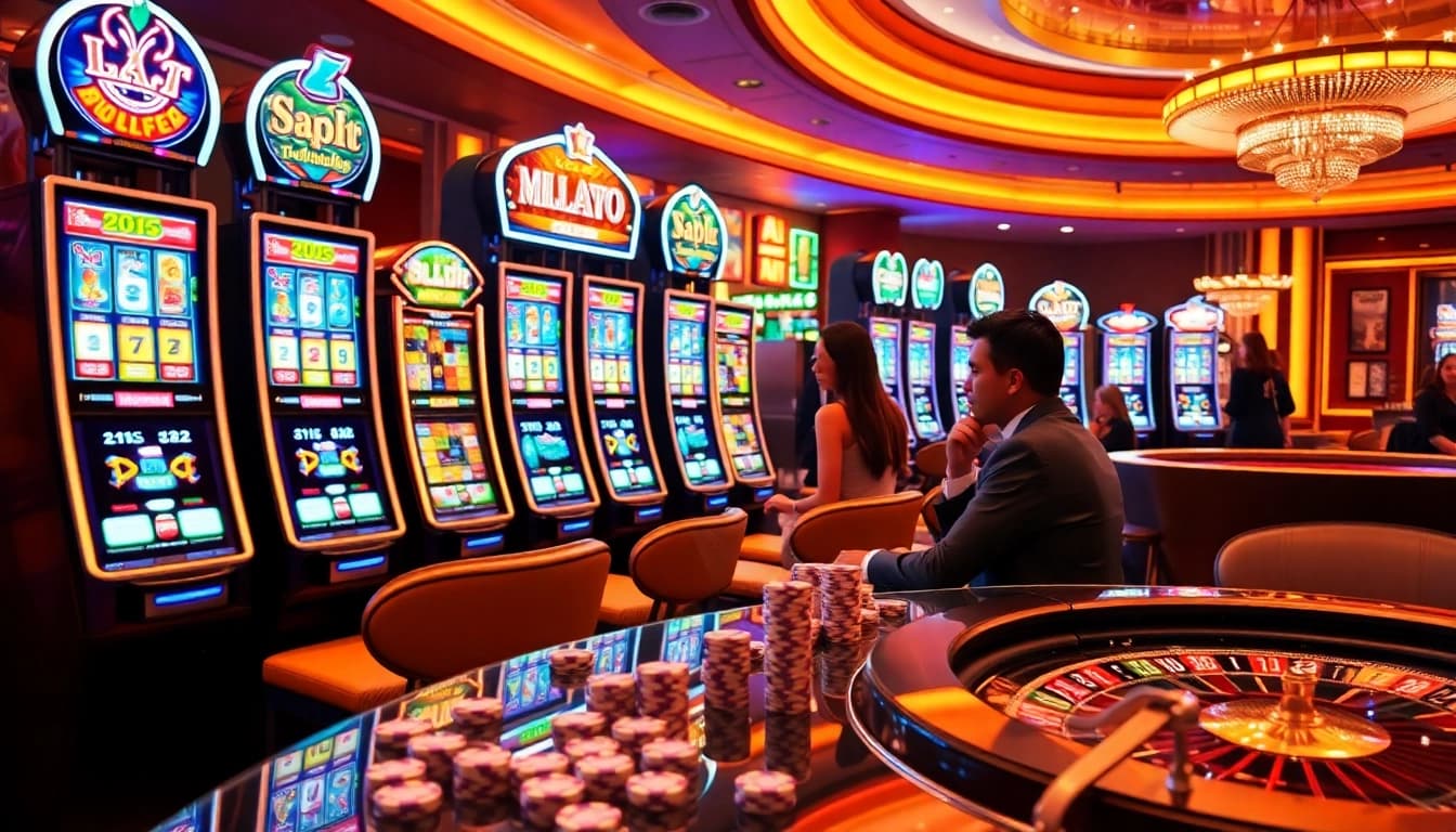 Excited players engaging with bright slot gacor machines in a luxurious casino setting.
