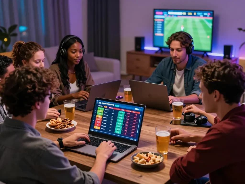 Exciting group betting on zbet sports, vibrant living room atmosphere.