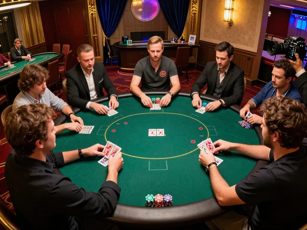 Open88 players strategizing in a high-stakes poker game at a luxury casino table.