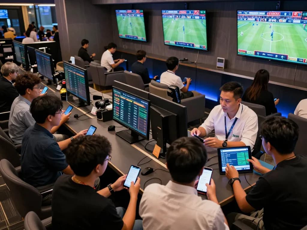 Engaged bettors placing strategic wagers at Keonhacai5 in a professional sports betting lounge environment.