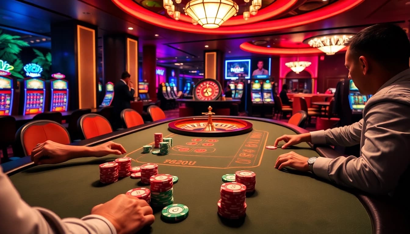 Nohu themed casino atmosphere with elegant poker game and vibrant colors.