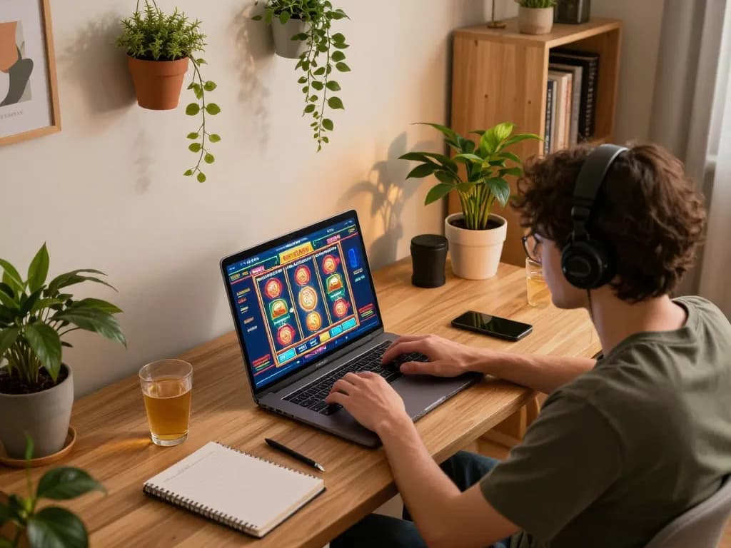 Player engaged at a credit card casino, enjoying online slots in a cozy home environment.