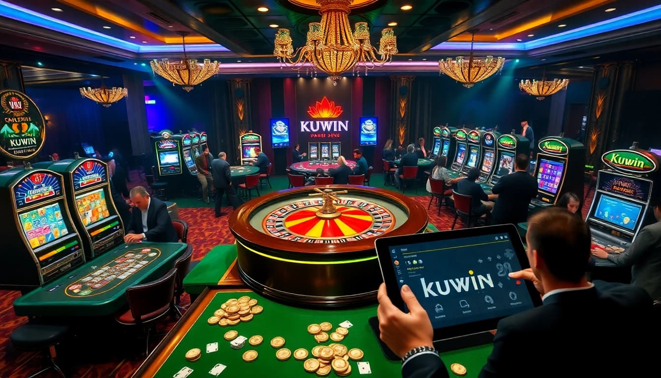 Experience the excitement of kuwin gaming with vibrant casino visuals featuring roulette, poker tables, and slot machines.
