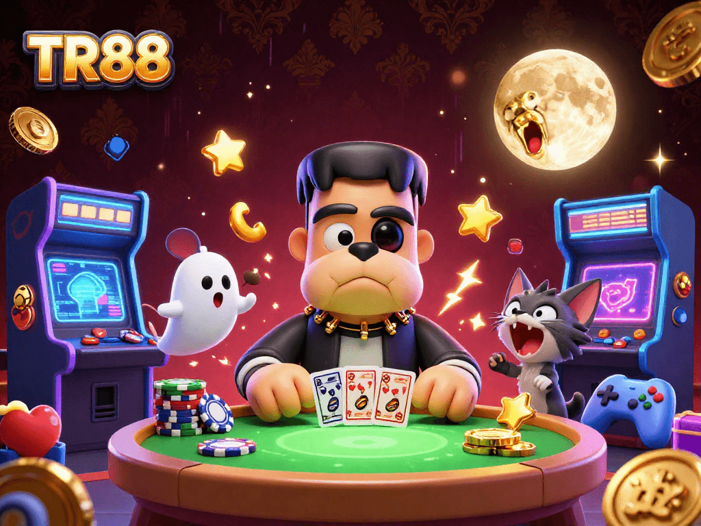 Engage in TR88's exciting table games with a playful monster dealer and vibrant casino elements.