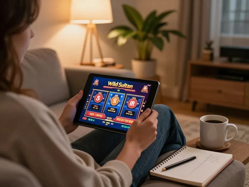 Person engaging with Wild Sultan Casino on their tablet, showcasing an inviting home gaming atmosphere.