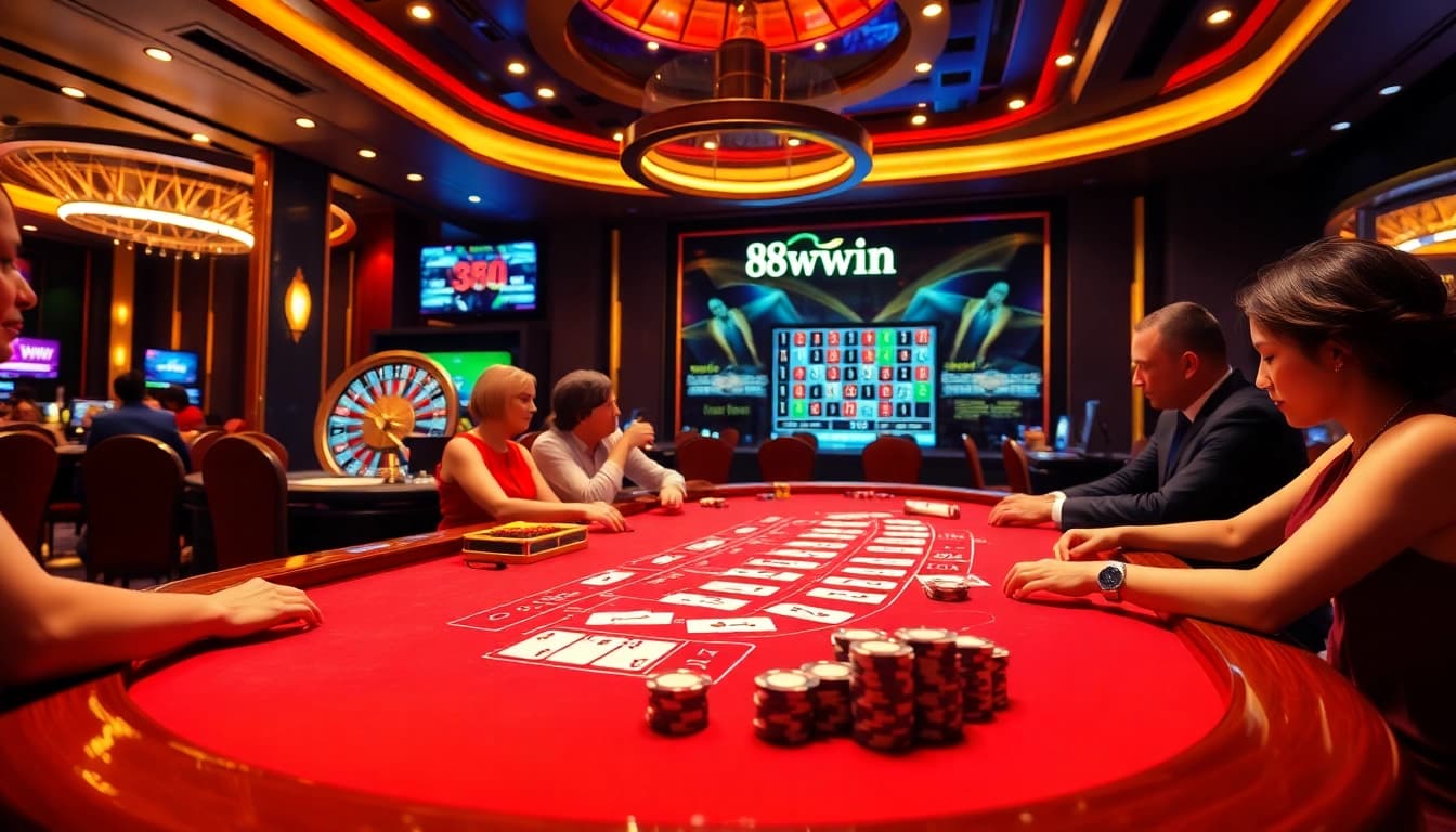 Players enjoying an exciting game of Blackjack at 98win casino, surrounded by colorful chips and elegant decor.
