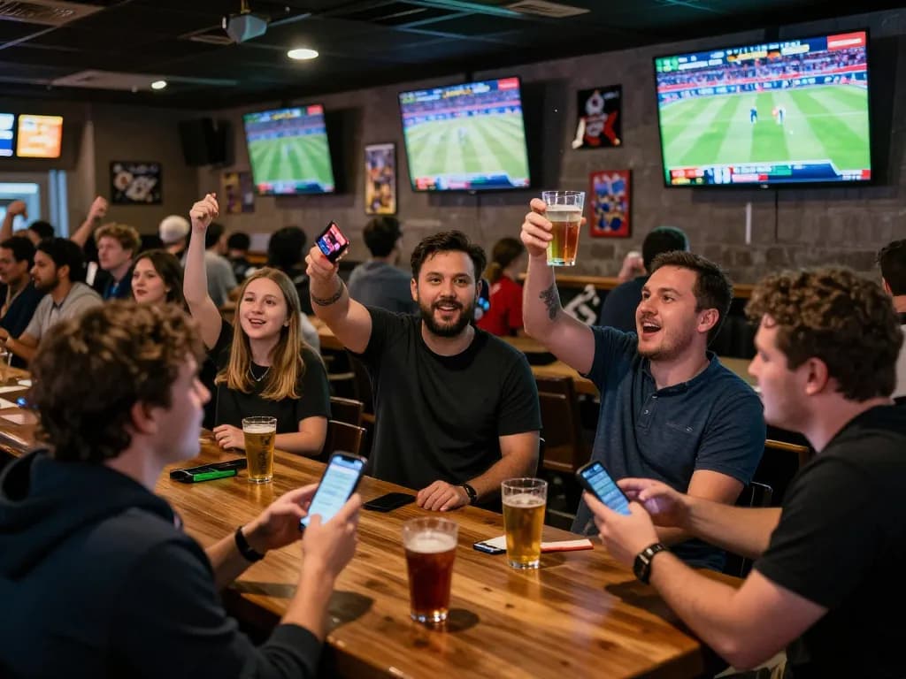 Kèo nhà cái hôm nay: Fans celebrating while placing sports bets in a lively sports bar atmosphere.