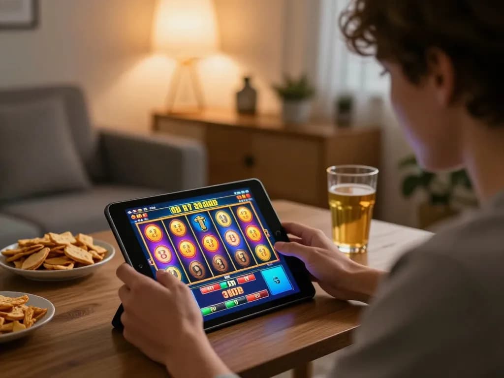 Kegembiraan Panda win saat pemain memutar game slot online yang berwarna-warni di lingkungan rumah yang nyaman.