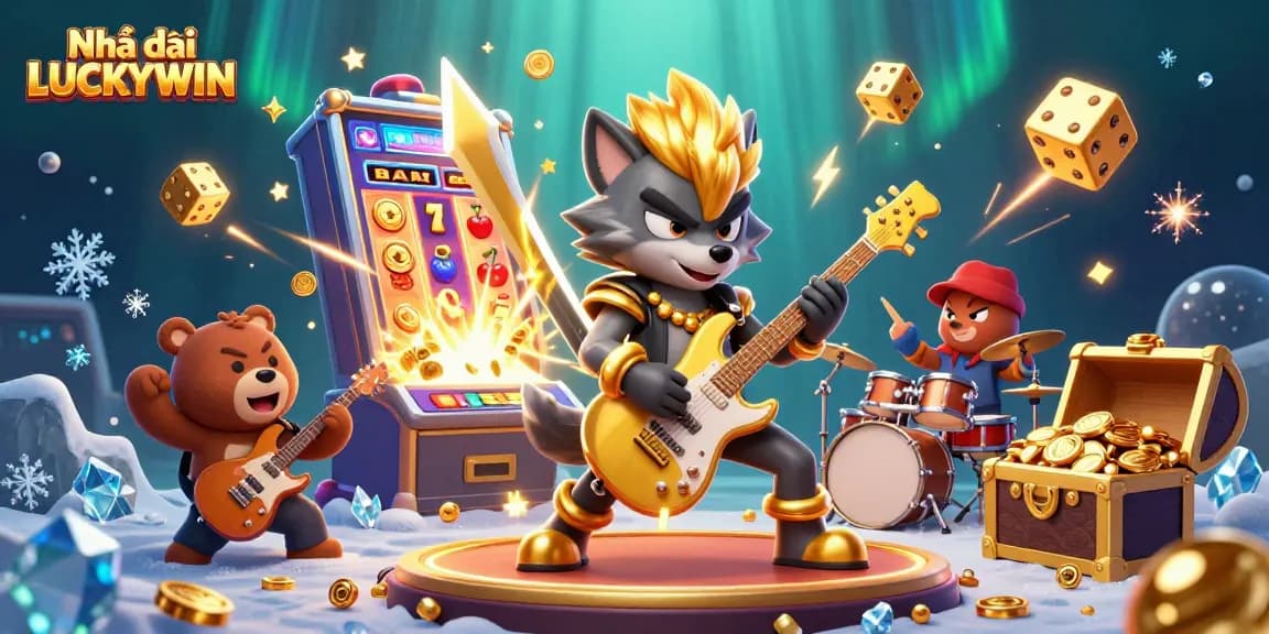 Experience excitement at Nhà cái LUCKYWIN with vibrant 3D casino characters and symbols bursting with action.