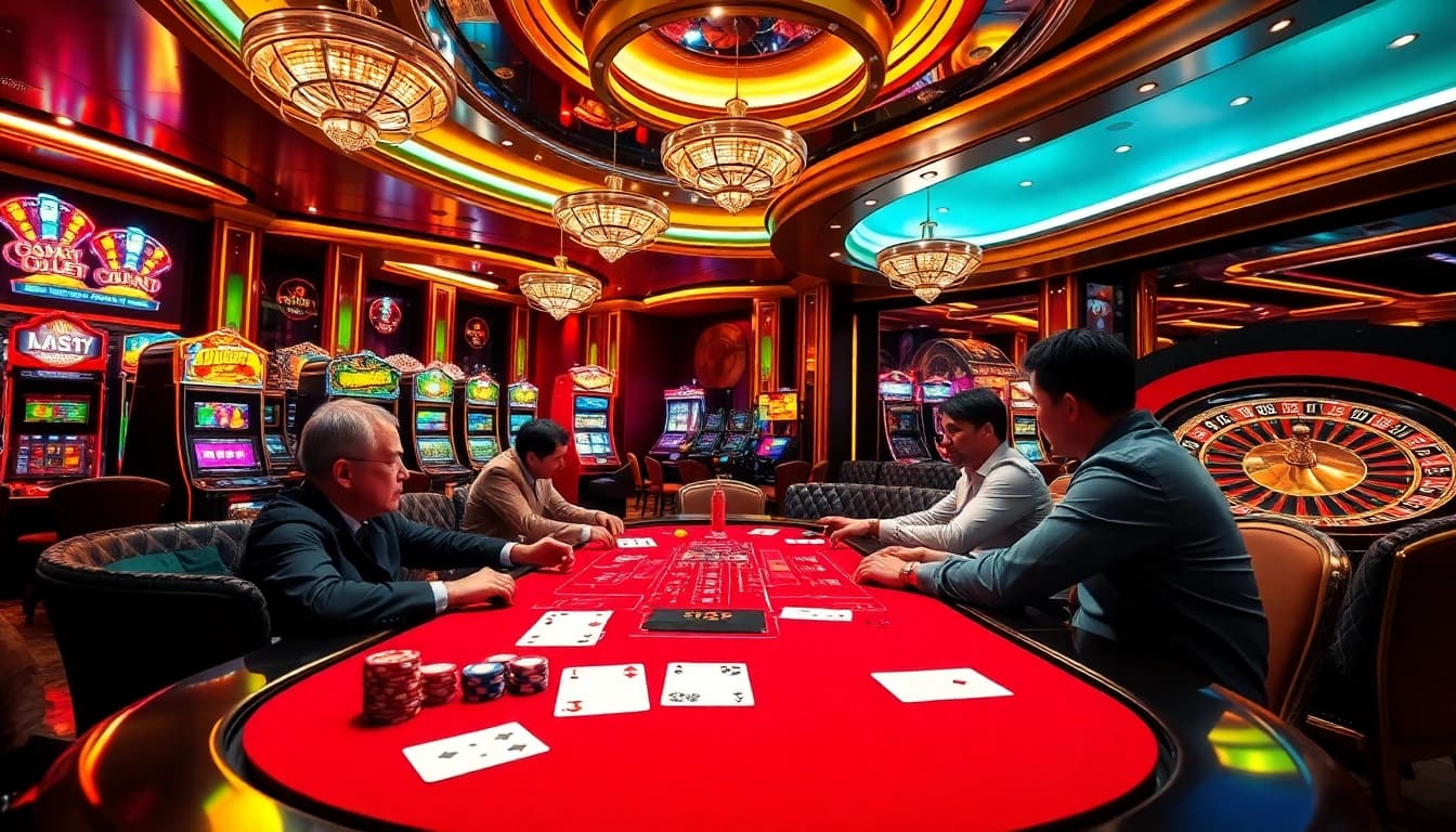 Players at a vibrant casino table strategizing in a thrilling game at 88aa with colorful chips and cards.