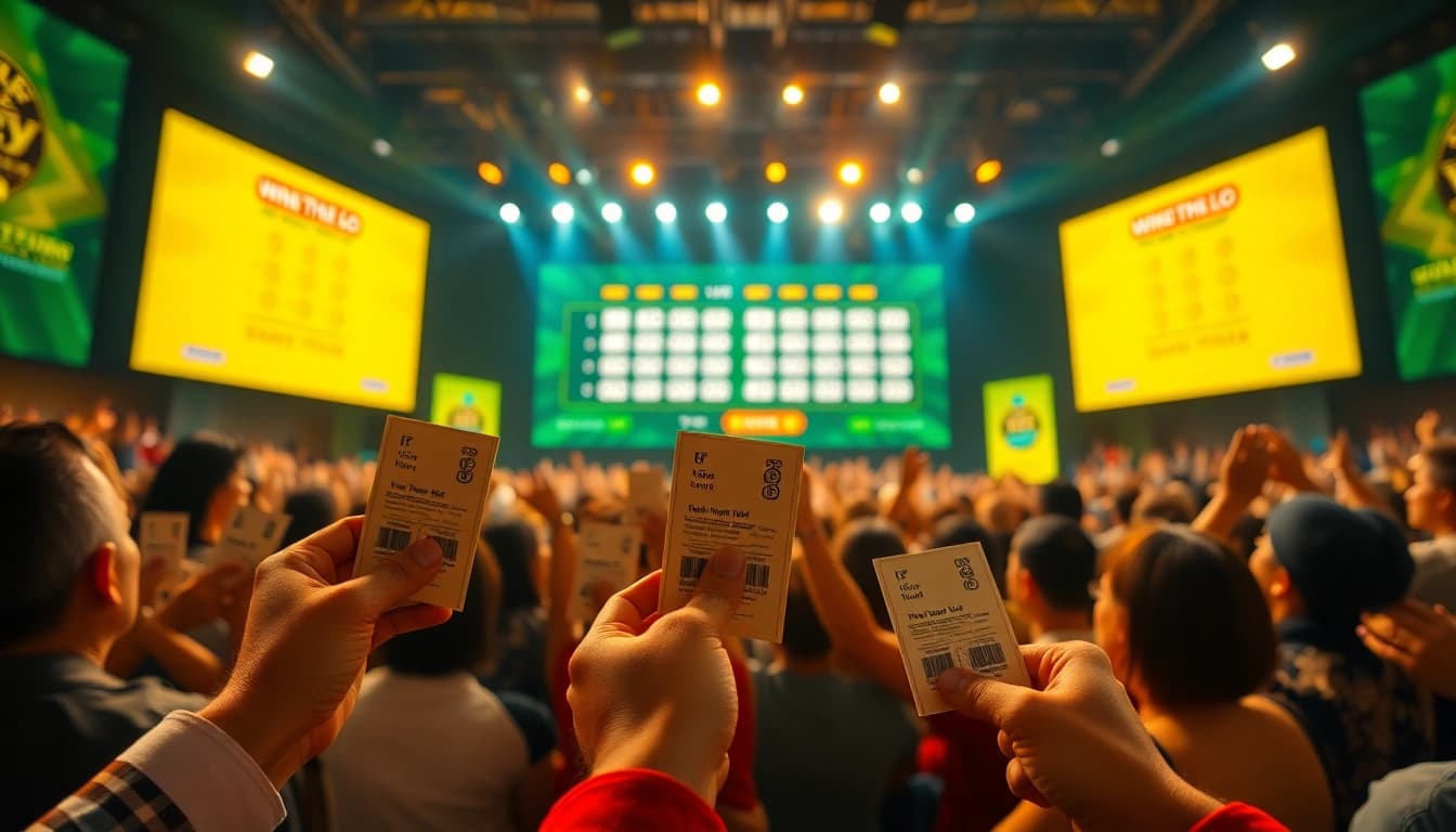 Song thủ lô lottery drawing event evoking excitement with winners and vibrant lighting.