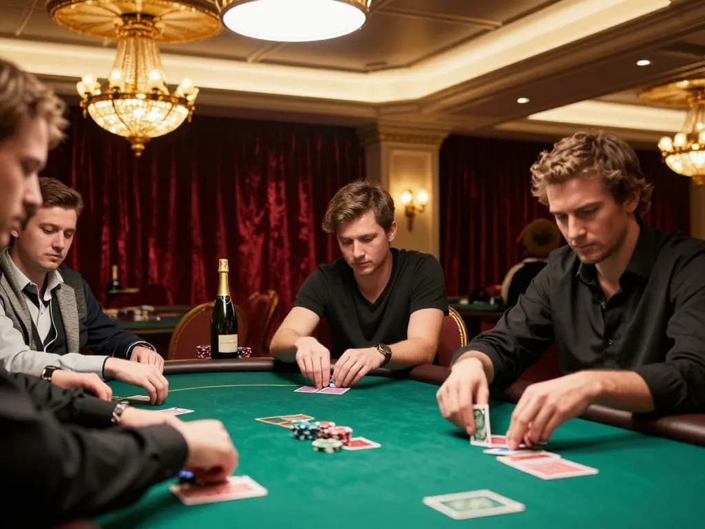 Players strategizing their hands in a high-stakes poker game at 32win’s elegant VIP room