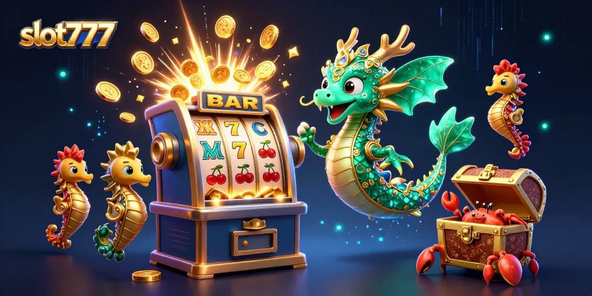 Spin and win at slot777 with this vibrant illustration featuring dynamic slot machines and magical creatures.