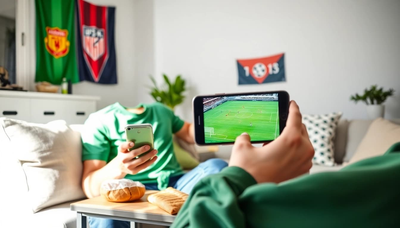 Socolive live streaming football match enjoyed by a fan at home with vibrant decor.