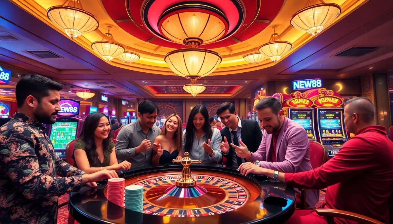 Experience the excitement of NEW88 as players strategize around a vibrant casino table.