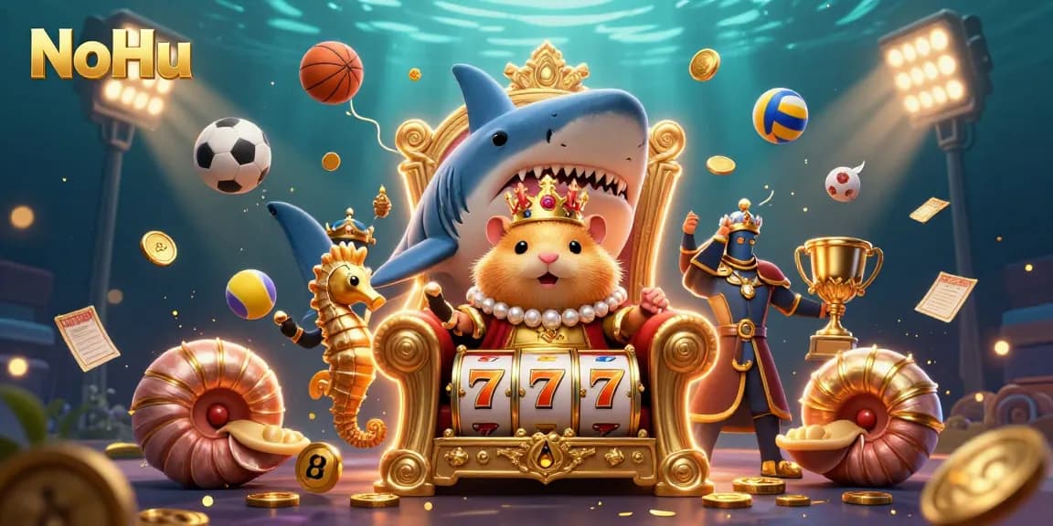 NoHu showcases a vibrant 3D scene of a hamster king on a megalodon throne, celebrating jackpot wins with dynamic gaming elements.