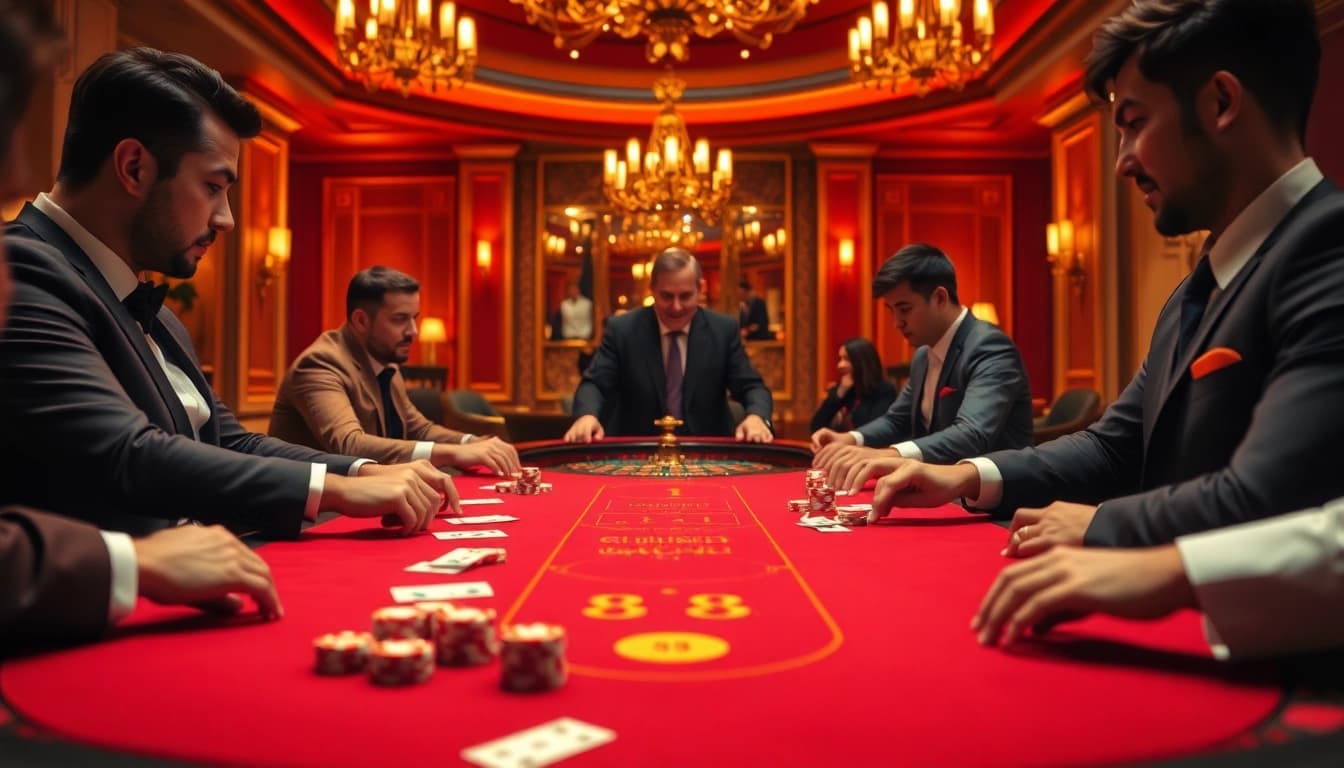 Gambling excitement at a luxury casino table showcasing 88xx poker gameplay with chips and cards.