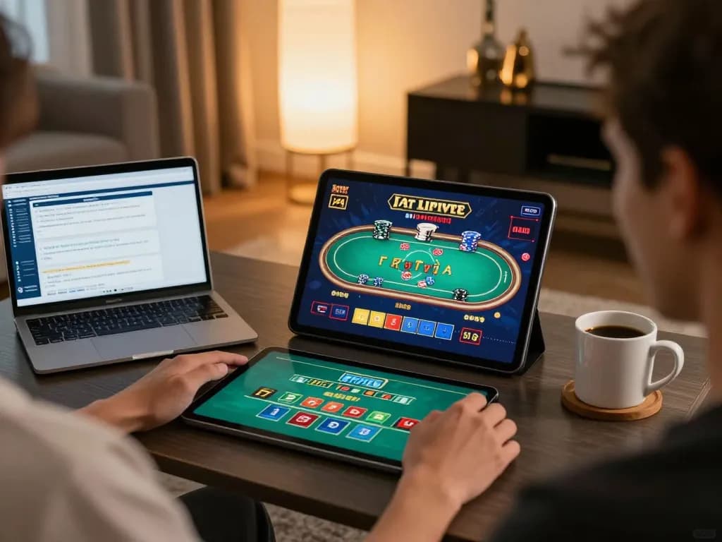 Exciting tip88 online gaming session with a player using tablet for poker strategy.