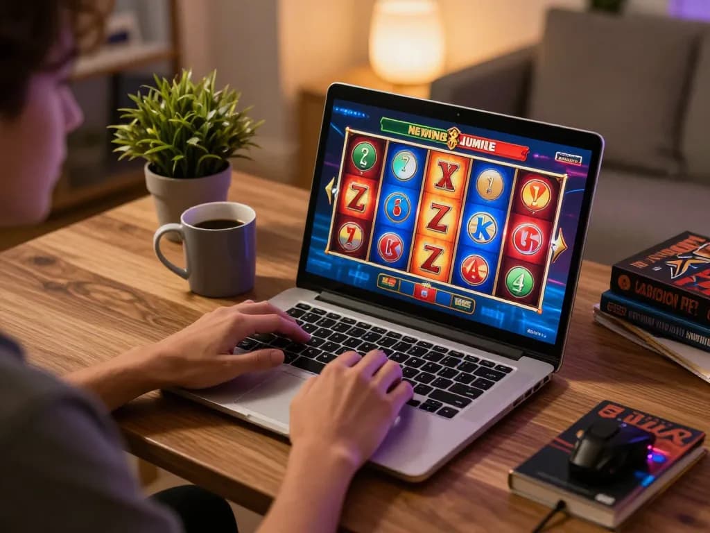 Player engaging with okking online slots, potential winnings visible on screen in a cozy home setup