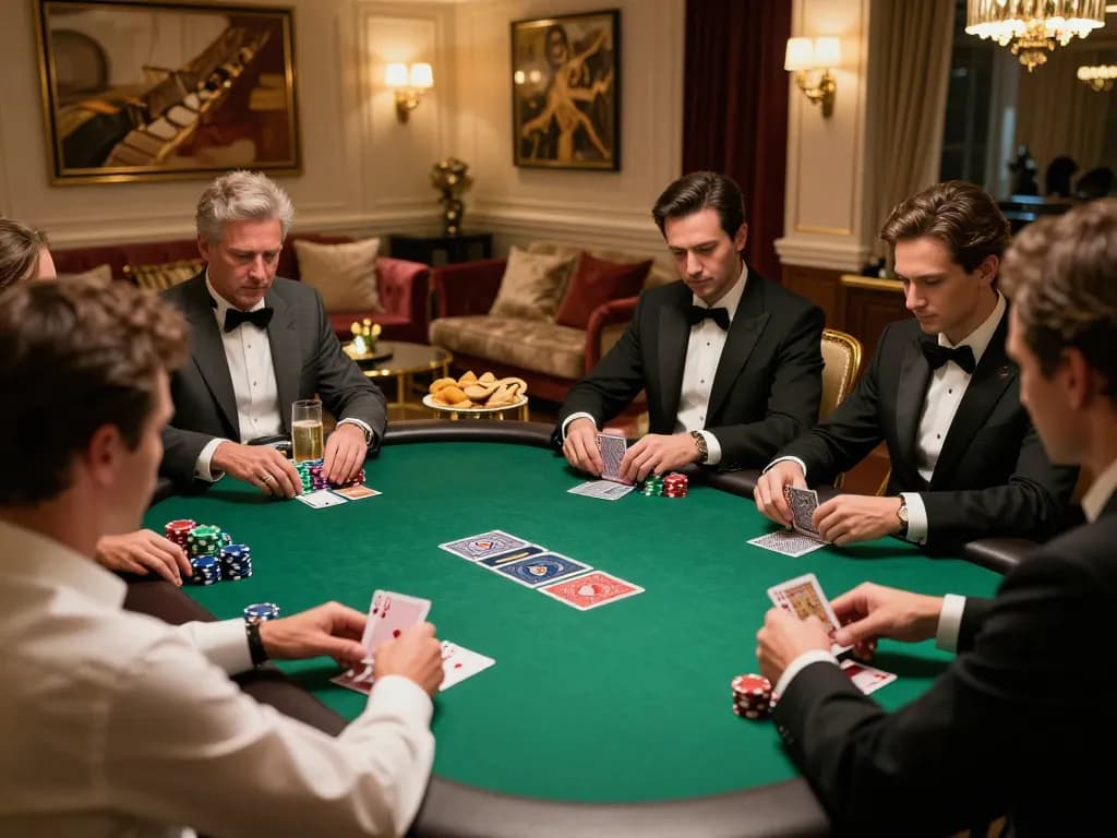 TG777 players immersed in a high-stakes poker game in an upscale private room, showcasing strategic gameplay.