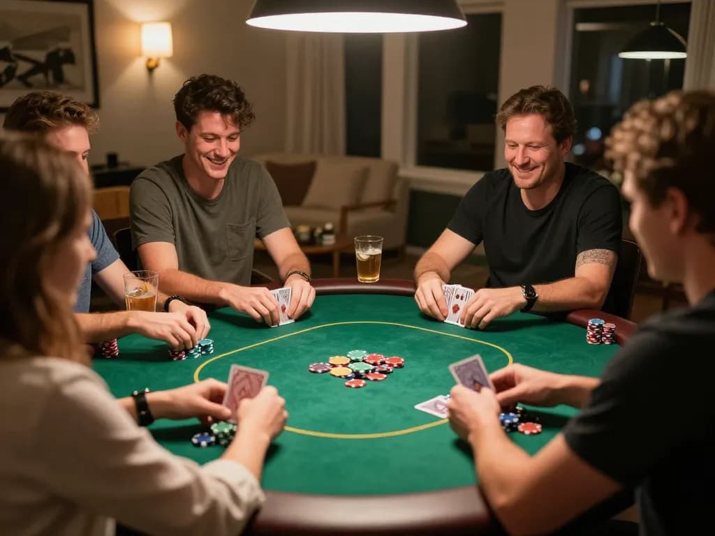 Players enjoying a lively poker game at home, cm88 themed atmosphere with chips and cards visibly in action.