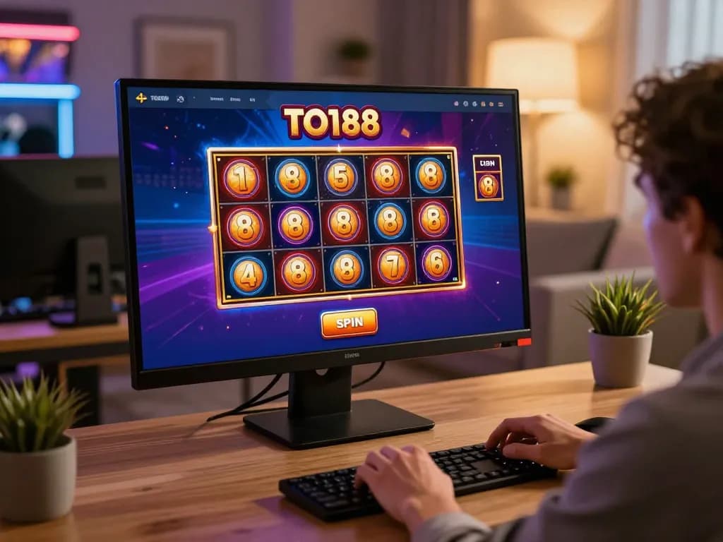 A user engages with TO188 online slots, highlighting speed and gaming features in a cozy environment