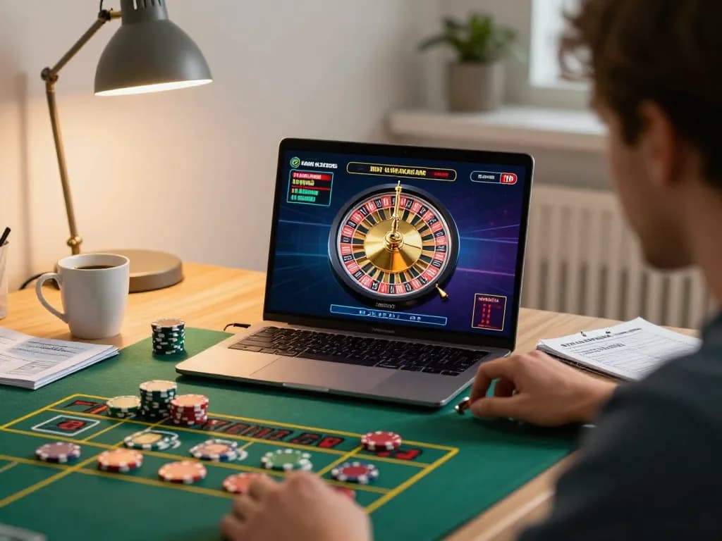 shbet player enjoying live dealer roulette in a cozy home office setting, engaged in online gaming.