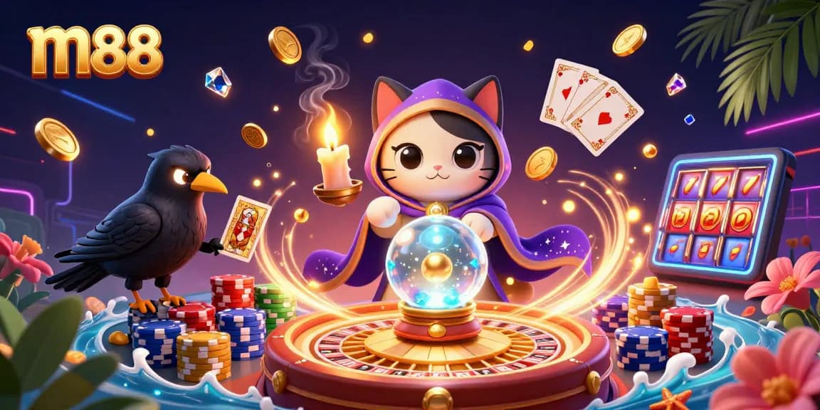 Rasakan permainan ajaib dengan m88 yang menampilkan kucing mistis dan burung gagak tarot di tengah kesenangan kasino.