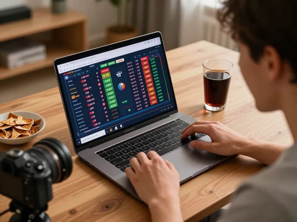 Person enthusiastically placing bets on VN88 sports betting platform from their laptop in a cozy home office.