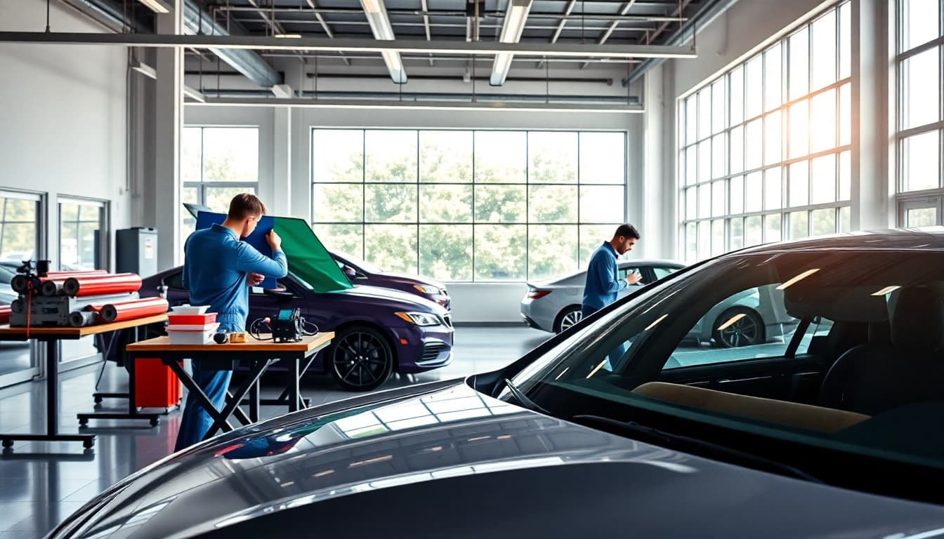 Experience expert window tinting Cleveland TN with skilled technicians in a vibrant, modern workshop.